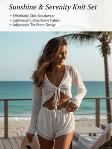 Summer New Casual Solid Color Knit Cardigan, Sexy Mesh Half-Transparent Long Sleeve Wrap Top, Belted Ruffle Hem Set for Women Knitwear