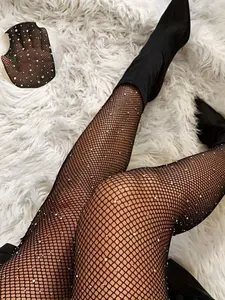 Women's Sexy Sparkling Rhinestone Fishnet Stockings, Fitted Plain Design, Casual All Seasons Wear, Natural Waist Style
