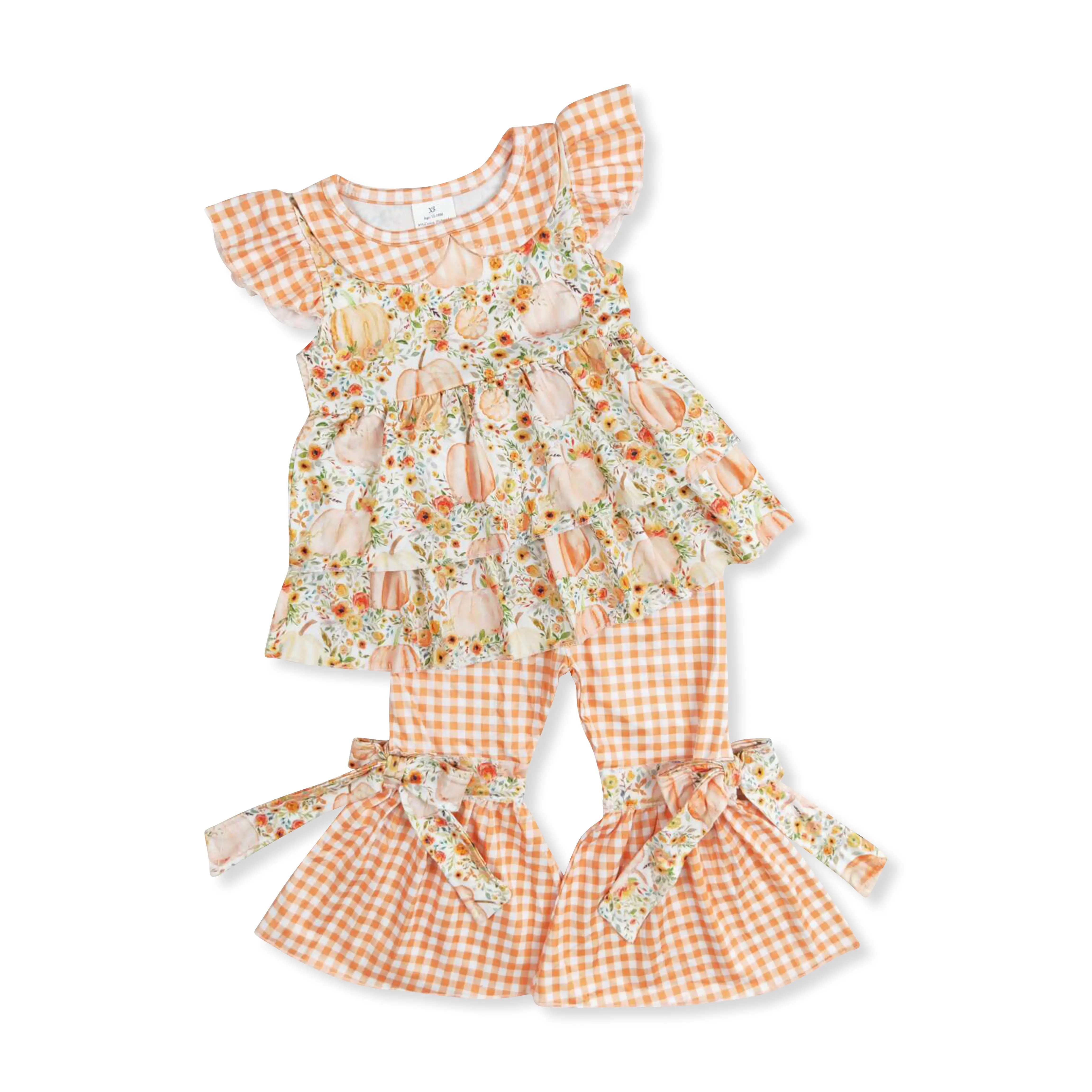 Pumpkin floral Color Print bell pants Girls set