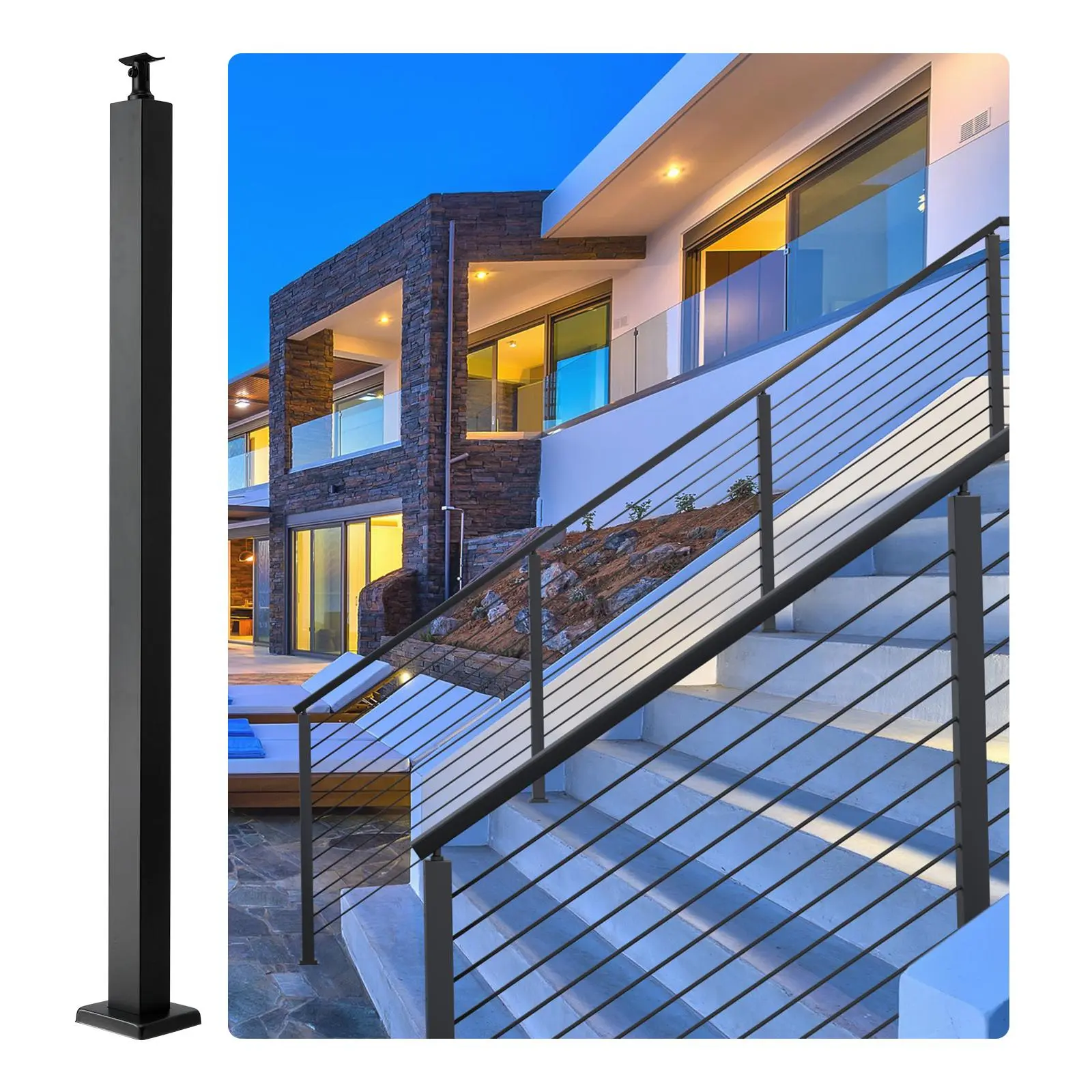 【DealsForYouDays】VEVOR Cable Railing Post, 42" x 2" x 2" Steel Level Deck Railing Post Without Holes, SUS304 Stainless Steel Cable Rail Post, Stair Handrail Post with Horizontal and Curved Bracket, 1-Pack, Black