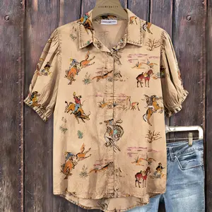 Cherrybetty Cotton Vintage Western Cowboy Print Collared Puff Sleeve Blouse for Women Casual Button-Up Vneck Top Apricot Shortsleeve Cute Fall Outfits for Teachers and Moms Fitted Denim cute fall outfits SpringStatements