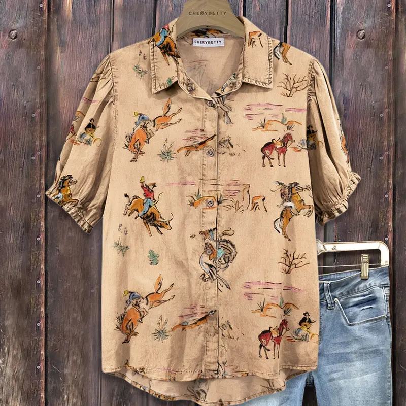Cherrybetty Cotton Vintage Western Cowboy Print Collared Puff Sleeve Blouse for Women Casual Button-Up Vneck Top Apricot Shortsleeve Cute Fall Outfits for Teachers and Moms Fitted Denim cute fall outfits