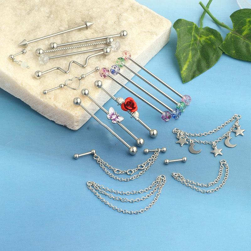 19pcs Industrial Barbell Piercing Jewelry, Stainless Steel Industrial Earrings for Men, Chain Dangle Cartilage Helix Piercing Jewelry