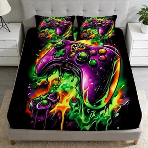 2/3 Pcs Neon Game Controller Pattern Fitted Sheet Set(1 Fitted Sheet +1/2 Pillowcases, No Filling), Bed Sheet Sets, High-Definition Digital Printing, Soft Comfortable Fabric, Suitable For All Year Round, Perfect Gift For Festivals