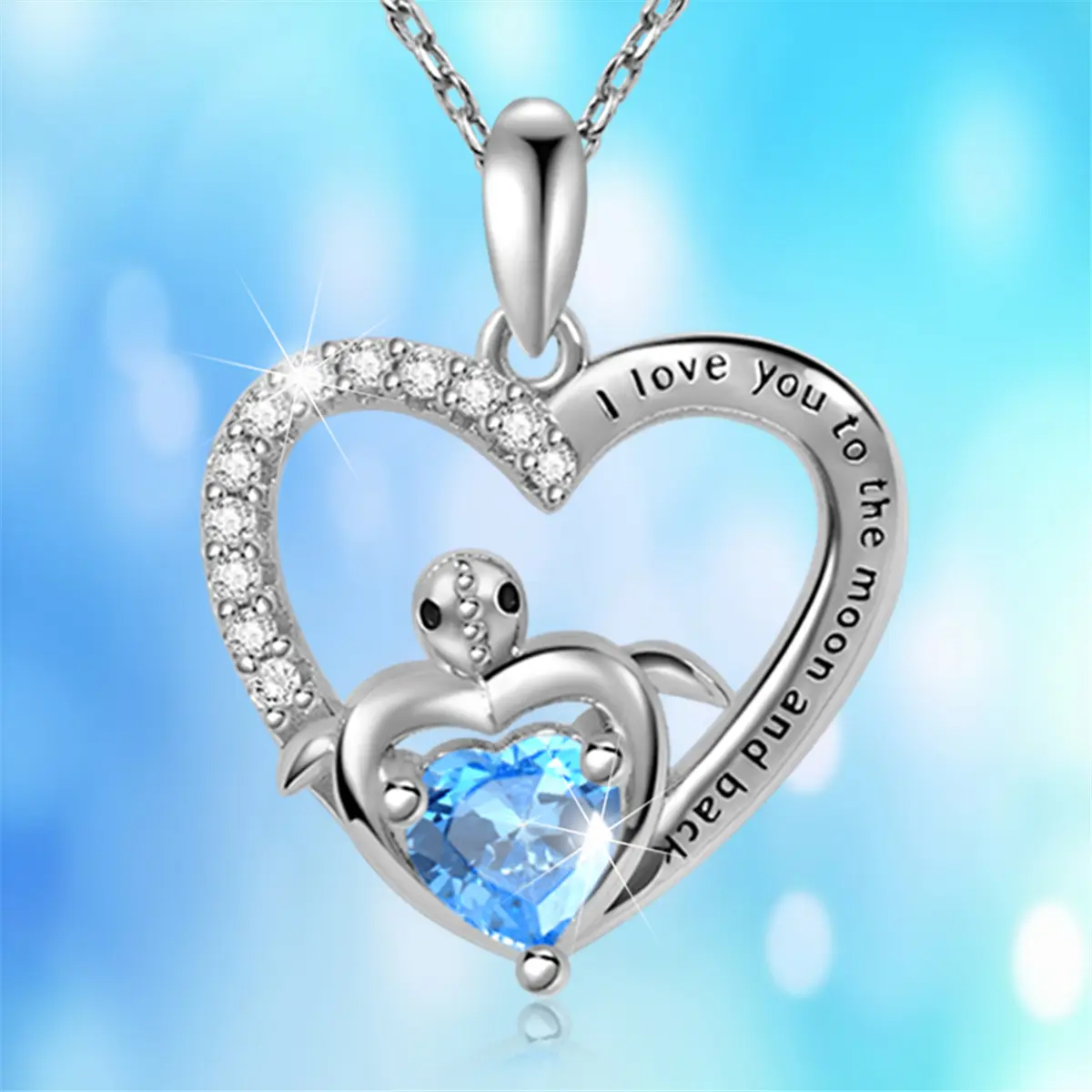 Women's Heart-Shape Turtle Pendant Necklace, Elegant Ocean-Style Blue Crystal with Stainless Steel Chain, Anniversary Gift for Wife or Daughter