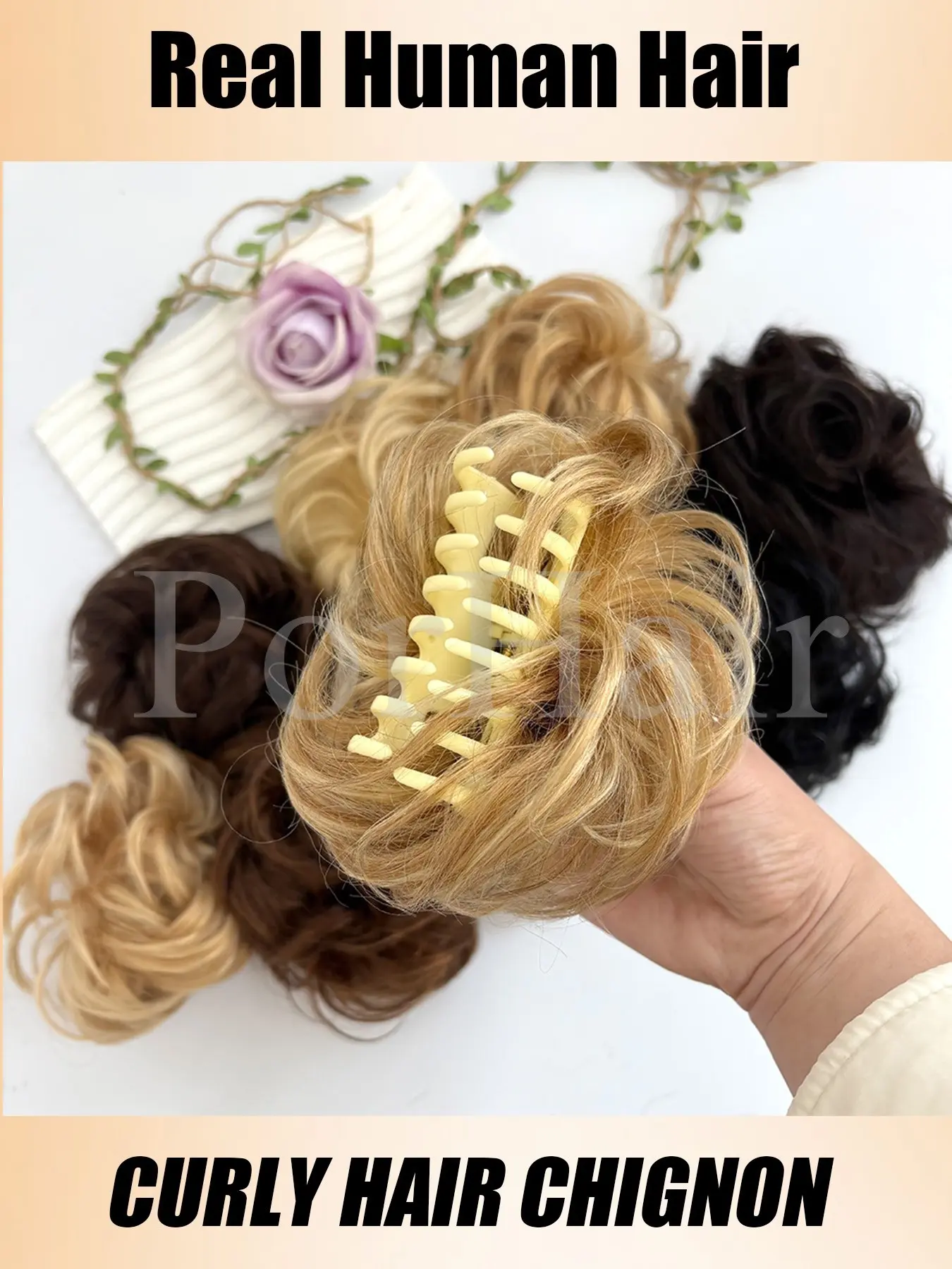 Claw Clip Messy Bun Hair Piece Real Human Hair Wavy Chignon Updo Extensions 1 Pcs Messy Bun Hair Piece, Wavy Claw Clip Hair Bun  main image 3
