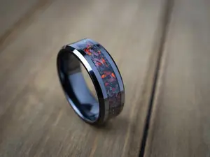 The Quasar, Black Ceramic Red Opal Glow Ring, Authentic Gibeon Meteorite Wedding Band, Men's Black Ring, Glow In The Dark Ring, Anniversary Gift, 8mm