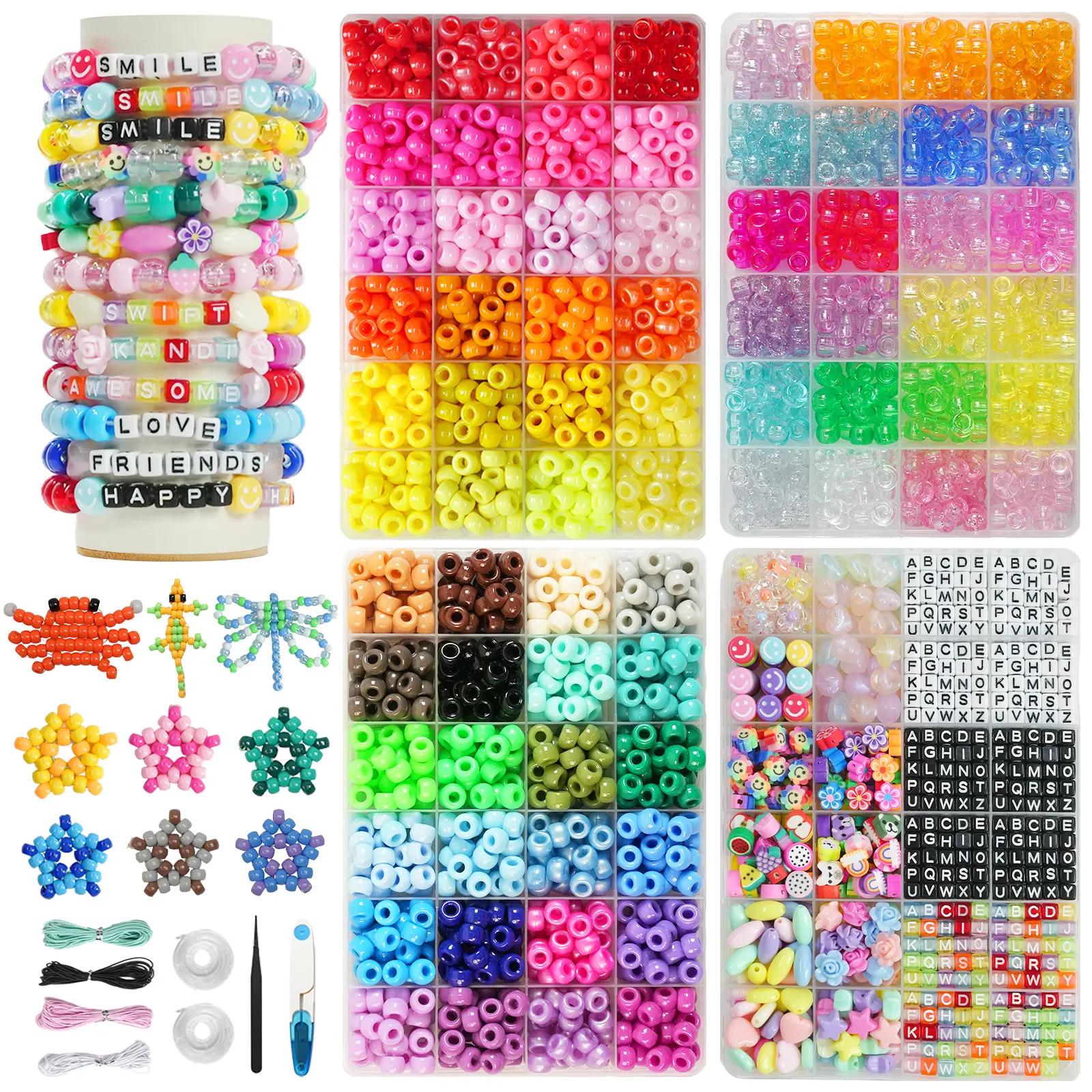 DIY Friendship Bracelet Kit: 3000 Pony Beads, Large Hole Letter Beads & Accessories Gift for Girls with Braided Elastic Cord Scissors Essential Findings Adjustable Beaded Design Art Charms Diy Jewelry Making Crystal Craft Kit