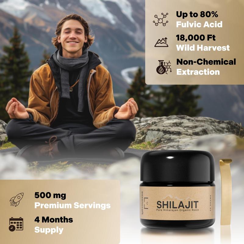 Pure Himalayan Organic Shilajit Resin Supplement - 500mg Max Potency, 85+ Trace Minerals, Humic & Fulvic Acid, Shilajit for Men & Women, Immune Support, Energy & Mental Clarity, 4 Month Supply, 60g