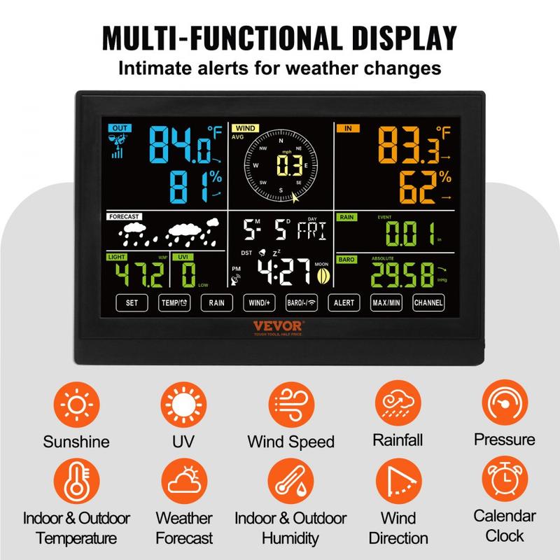 VEVOR 7-in-1 Wi-Fi Weather Station, Various specifications, 7.5 in Color Display, Home Weather Station Indoor Outdoor, with Solar Wireless Outdoor Sensor Alarm Alerts, for Temperature Humidity Wind Speed/Direction Rain