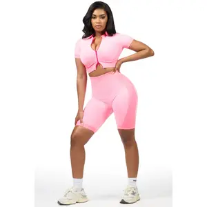 Gisselle Pink Zip Up Active Bike Short Set