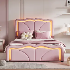 Twin Size Bed Frame with Height Adjustbale Headboard and LED Light Strips, Upholstered Twin Platform Bed Frame for Bedroom, Pink