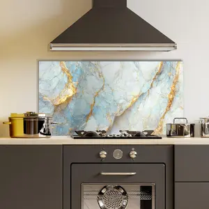 GCKG Abstract Marbe white and light blue surface Tempered Glass Kitchen Backsplash, Stove Back Cover, Stove Splashback, Cutting Board, Kitchen Wall Decor