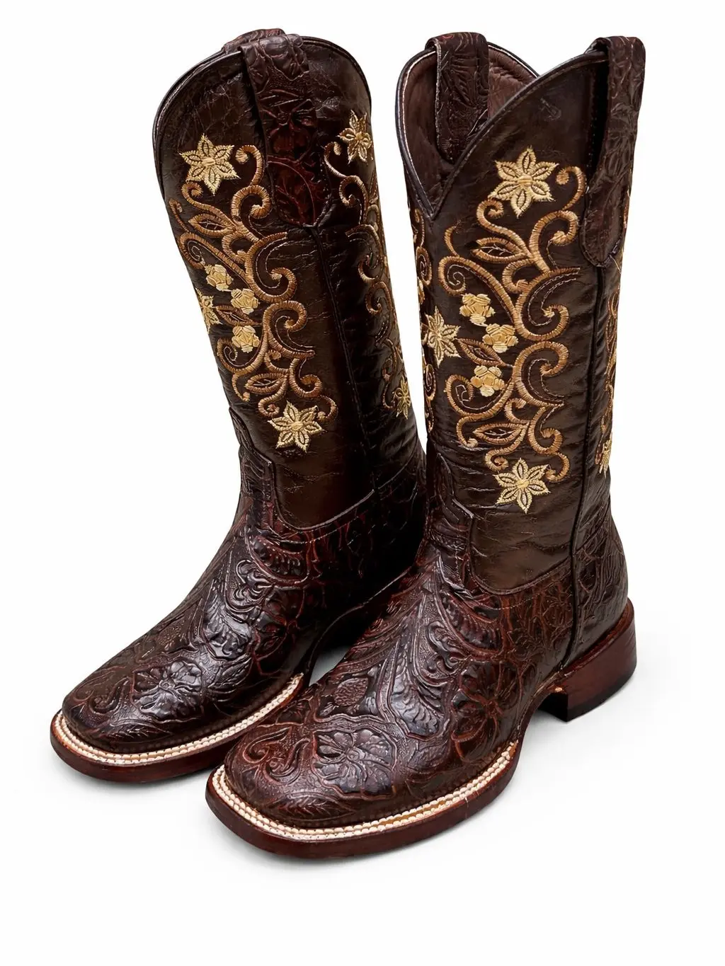 Women's Knee-High Genuine Cow Hide Western Boots - Elegant Floral Embroidery, Square Toe, Western Elegance Statement Shoes, Versatile Footwear for Key Occasions, Any Occasion, Durable Sole, Leather Sole