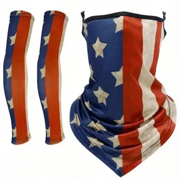New 2-in-1 Ice Silk Neck Gaiter and Arm Sleeves Set, UV Protection Sun Block, Breathable Quick Dry, American Flag Print, Unisex for Cycling Running Fishing Hiking Outdoor Sports