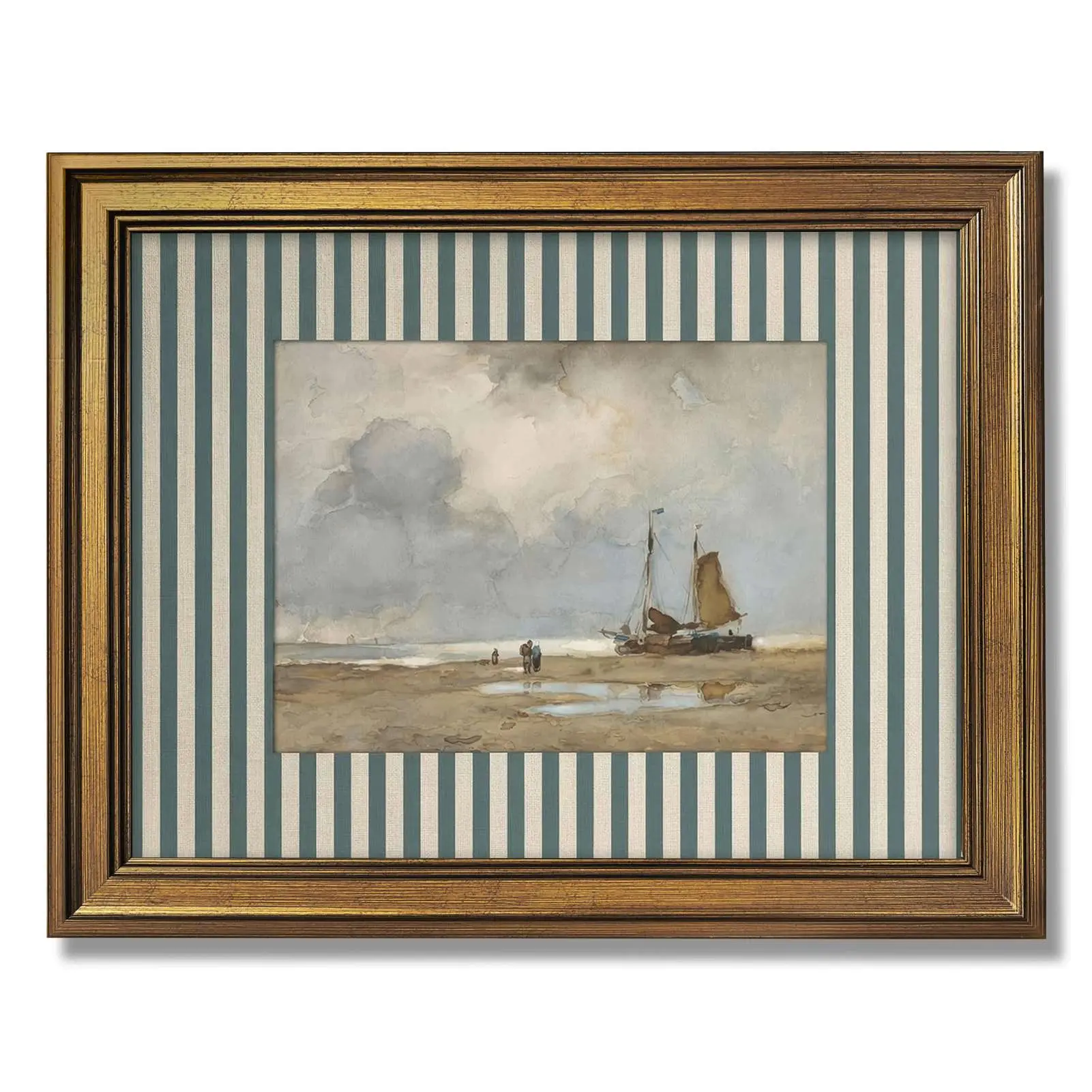 Striped Mat Vintage Beach Sailboat Nautical Gallery Wrapped Canvas Wall Art, Giclee Muted Watercolor Print, Hand Stretched Wood Canvas with Hooks, Black & Gold Frame & Canvas Only, Waterproof UV Fade-Proof, Decor for Living Room Bedroom Cafe
