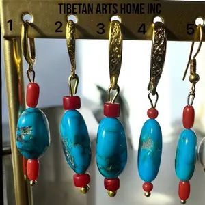 Tibetan Arts Home Inc Gold Plated Authentic American Turquoise with Coral Earrings for Men Handcrafted Jewelry