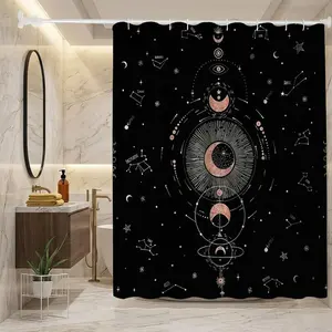 Mystical Celestial Black Shower Curtain with Intricate Astrology Design, Featuring Orion, Taurus, and Lunar Motifs, Central Eye with Crescent Moon, Perfect for Cosmic Bathroom Decor - Embrace the Magic of the Universe!