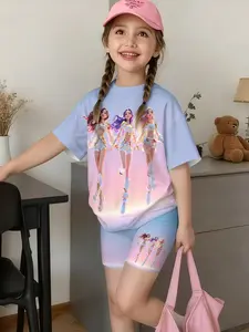 Y2K Millennial Style K-Pop Girl Group Print Short Sleeve + Shorts Set, Cute Cool Summer Casual Sportswear, Slim-Fitting Suit