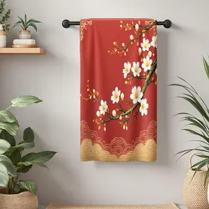 1Pc Chinese style cherry blossom pattern on red background Bathroom Hand Towel Bath Towel, Multiple Size Microfiber Towel, Ultra-Soft Quick Dry and Absorbent Polyester Large Bath Towel, Unique Home Decorative Kitchen