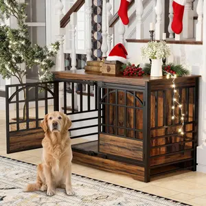COZPAW Heavy Duty Dog Crate Furniture, 52/78/86 Inch Wooden Dog Kennel Indoor for XLarge Breed, Dog Crates for Large Dogs with Double Doors, Decorate as House TV Stand, End Table-White Brown