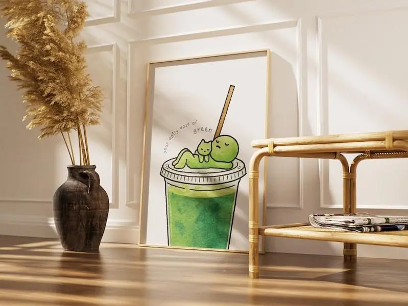 SMISKI Matcha Cat Poster: Y2K Coquette Aesthetic Wall Decor, Quirky Collectible Art, Pastel and Trendy Room Decor Idea, Cozy Wall Art, Decoration, Print