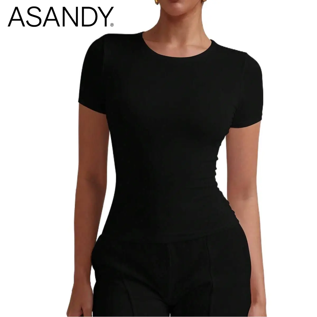 ASANDY Women's Crew Neck Short Sleeve Slim Fit T Shirt – Buttery Soft Double Lined Stretch Top, Casual Everyday Basic Tee, Y2K Fashion Wardrobe Essential