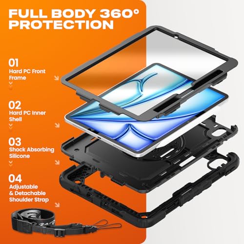 Stock Case for iPad Air 8 7 6-11/13 inch M4 2026/iPad(A19) 12th/(A16) 11th 2025/10th Generation Case/mini 7 (A17 Pro)/6/iPad Pro 11/13 inch M5-M4 2024 Shockproof Heavy Duty Case with Screen Protector Pencil Holder Rotating Stand Hand Strap Shoulder Strap