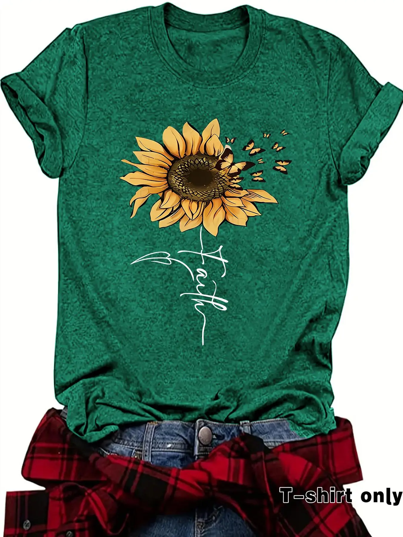 Women's Sunflower, Floral & Letter Print Round Neck Botanical Tee, Casual Short Sleeve Crew Neck Fitted T-shirt for Summer, Fashion Women's Top for Daily Wear, Womenswear, Everyday, Lady