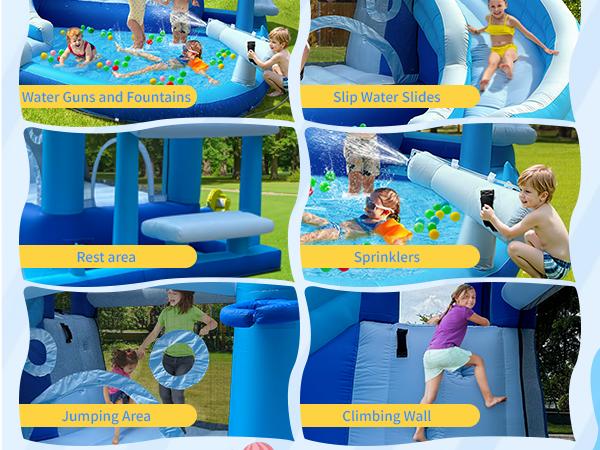 Inflatable Water Slide Water Park, Store Wet Dry Combo Water Slide Water Slide Backyard Party Summer Splash Fun Inflatable Water Slide  Bigger Splash Pool Bouncy Castle with Blower for Indoor & Outdoor