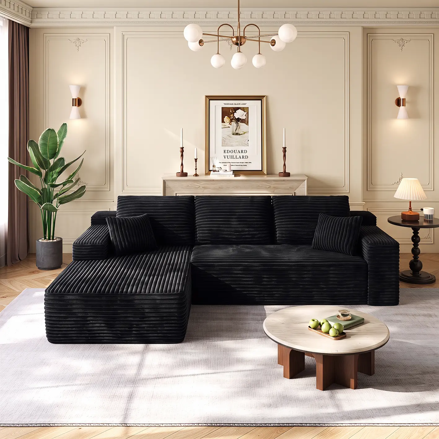 96-Inch L-Shaped Modular Corduroy Sofa with Chaise, Moderate Deep Seat, Vacuum-Packed, No-Assembly Indoor Furniture for Apartments & Condos