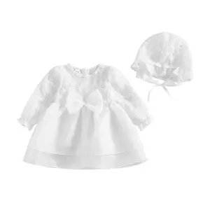 Baby Girls 2-Pieces Round Neck Floral Embroidery Dress, Polyester Blend Tulle A-Line Cut Long Sleeve Outfit with Hat, Princess Look for Party, Infant Newborn Baptism Clothes