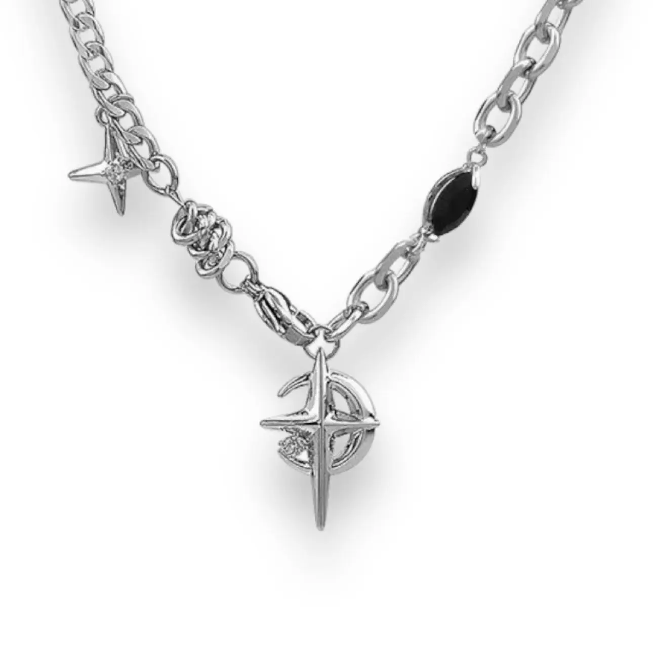 Stainless Steel Star-Moon Pendant Necklace - Gothic Punk, Grunge Streetwear Link Chain, Unisex Daily Wear Costume Jewelry for Men and Women