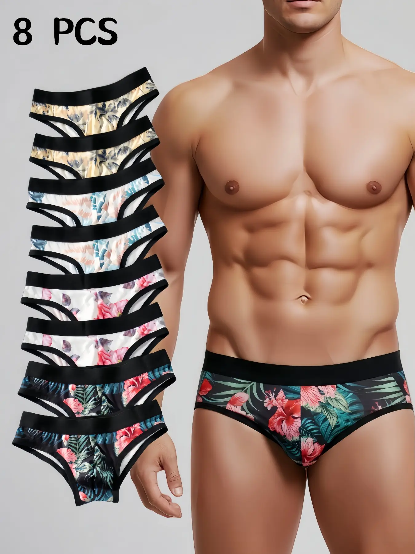 Trendy Men's Four Color 8 Piece Triangle Underwear Set, Unique Print Design, Novelty Print Briefs, Comfortable and Lightweight, Casual Style, All Seasons, Casual Fitted Briefs