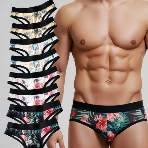 Trendy Men's Four Color 8 Piece Triangle Underwear Set, Unique Print Design, Novelty Print Briefs, Comfortable and Lightweight, Casual Style, All Seasons, Elastic Knit Underwear, Casual Fitted Briefs, Comfy Lightweight Underwear