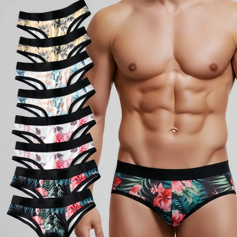 Trendy Men's Four Color 8 Piece Triangle Underwear Set, Unique Print Design, Novelty Print Briefs, Comfortable and Lightweight, Casual Style, All Seasons, Elastic Knit Underwear, Casual Fitted Briefs, Comfy Lightweight Underwear