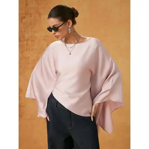 Cider Satin Boat Neck Bell Sleeve Asymmetrical Blouse