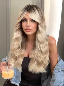 24 Inch Long Blonde Wavy Wigs for Women, Gorgeous Fluffy Wigs with Curtain Bangs, Synthetic Full Machine Wigs for Party, Daily Use