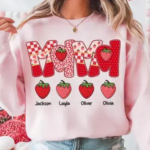 Preppy Mama Strawberry Sweatshirt, Cute Strawberry Floral Mama Crewneck with kids names, Everyday, Custom Preppy Mama Strawberries Checkered Sweater