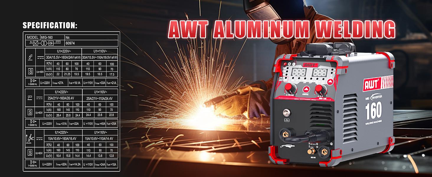 AWT MIG-160 6-in-1 Multi-Process Welder, 160A Dual Voltage 110V/220V Aluminum MIG Welder, Gas MIG, Flux MIG, Stick, Lift TIG, Digital Display Synergic Welding Machine for DIY & Metal Fabrication