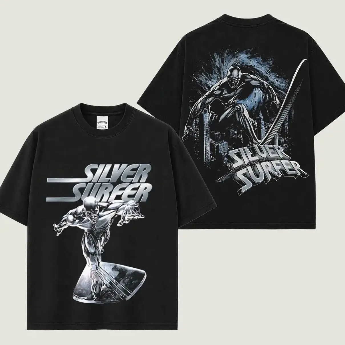 Silver Surfer Inspired Black Oversized T-Shirt, Vintage Cosmic Hero Graphic Tee, Front Back Comic Print Shirt, Retro Sci Fi Streetwear Top, Unisex Gift For Comic Fans Men Women BTB