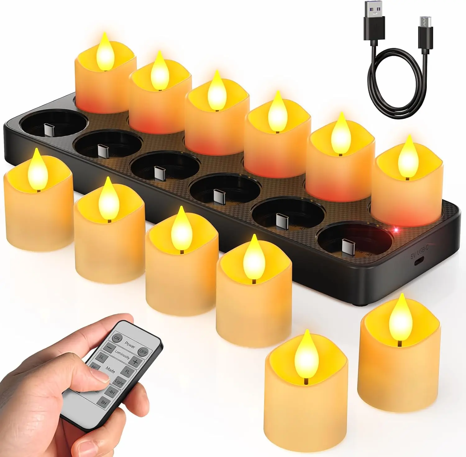 12pcs USB Rechargeable Flameless Votive LED Decorative Candles - Hands-Free, Instant-On, Kidproof, Cordless, Remote Timer, Charging Base, Flickering, Smokeless, Realistic for Home Lighting, After Dark, Party Decor (No Battery Required)