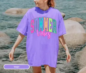 Comfort Colors Summer Vibes Varsity Neon Summer Tee Trendy Summertime Distressed T-Shirt For Sublimation And Gifts funny  graphic  tees Cotton Fabric