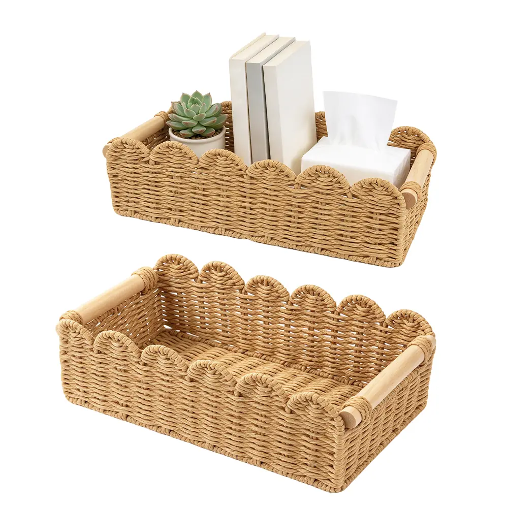 Boho Scalloped Woven Basket Tray with Wood Handles, Decorative Rope Weave Storage Tray, Rectangular Organizer for Home Table Styling, Shelf Display, Living Room Decor, 1 Pack & 2 Pack