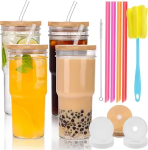 4-Pack 24oz Glass Cups with Lids & Straws | Reusable Travel Cups for Iced Coffee, Smoothies, Bubble Tea, Cold Brew, Soda & Juice | Cute, Eco-Friendly Drinking Glasses Set