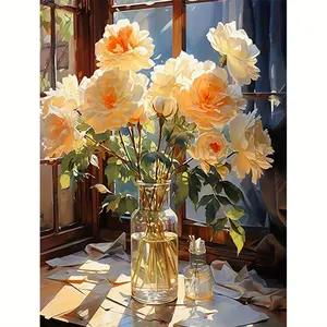 1PCS Flowers in Vase by the Window Acrylic Paint by Numbers 16x20in Unframed Diy Decorative Painting Beginner DIY Fresh & Healing Style Decor for Bedroom / Living Room / Study Ideal Gift for Flower Lovers & Housewarming