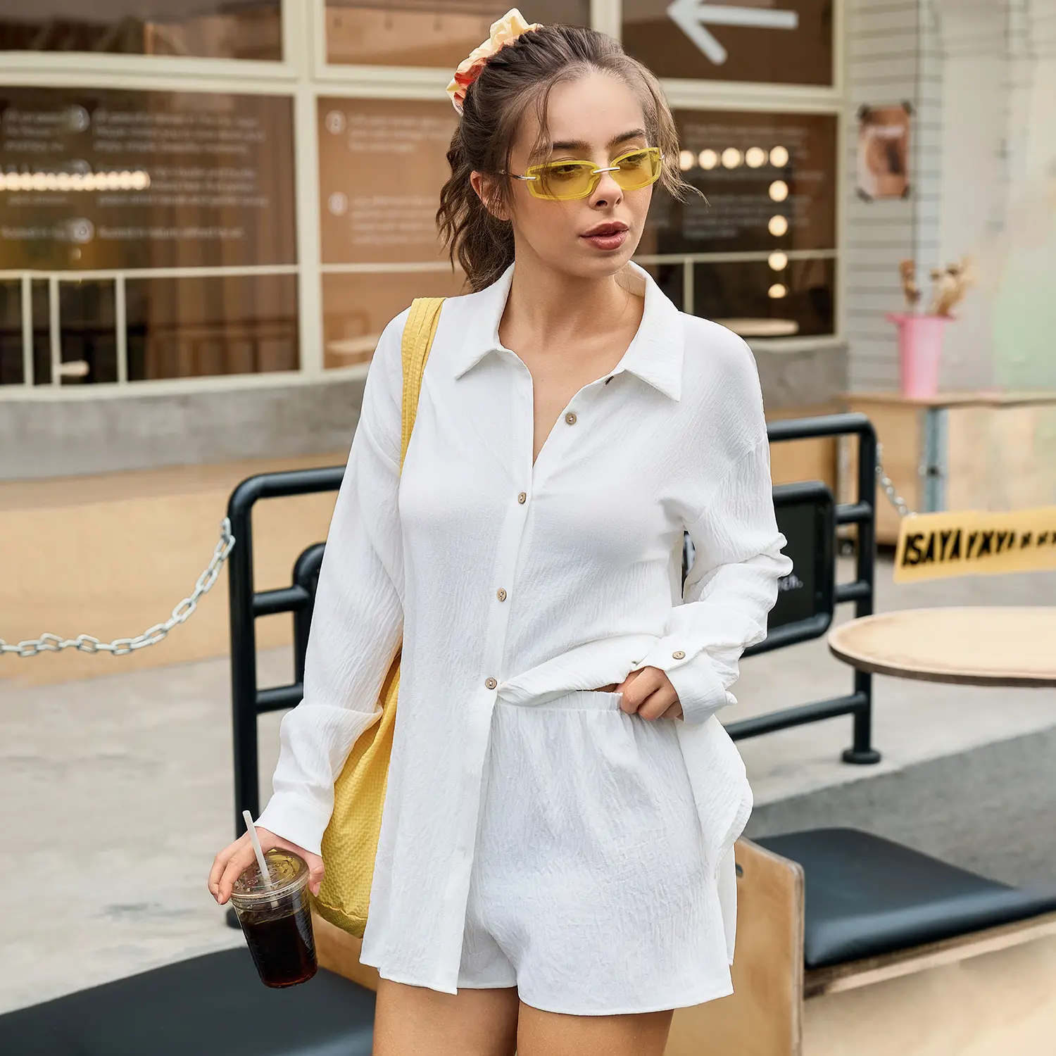 Fisoew Womens Gauze Shirt & Shorts Set 2-in-1 Button Connected Oversized Long Sleeve Button-Down Top with Attachable Safety Shorts Casual Beach Cover Up Outfit #SummerVibes, Women's Clothes, Outfits Inspo,summeroutfits,vacationoutfits,bathingsuitwomenset,