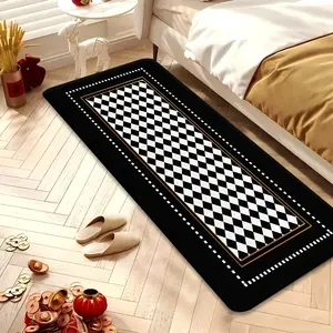 1pc Soft Flannel Geometric Pattern Runner Rug, Indoor Non-Slip Carpet, Black and White Checkerboard Decorative Mat, Machine Washable and Fade-Resistant, Suitable for Hallways, Living Rooms, Bedrooms, Kitchens, Laundry Rooms, Offices, Cafes