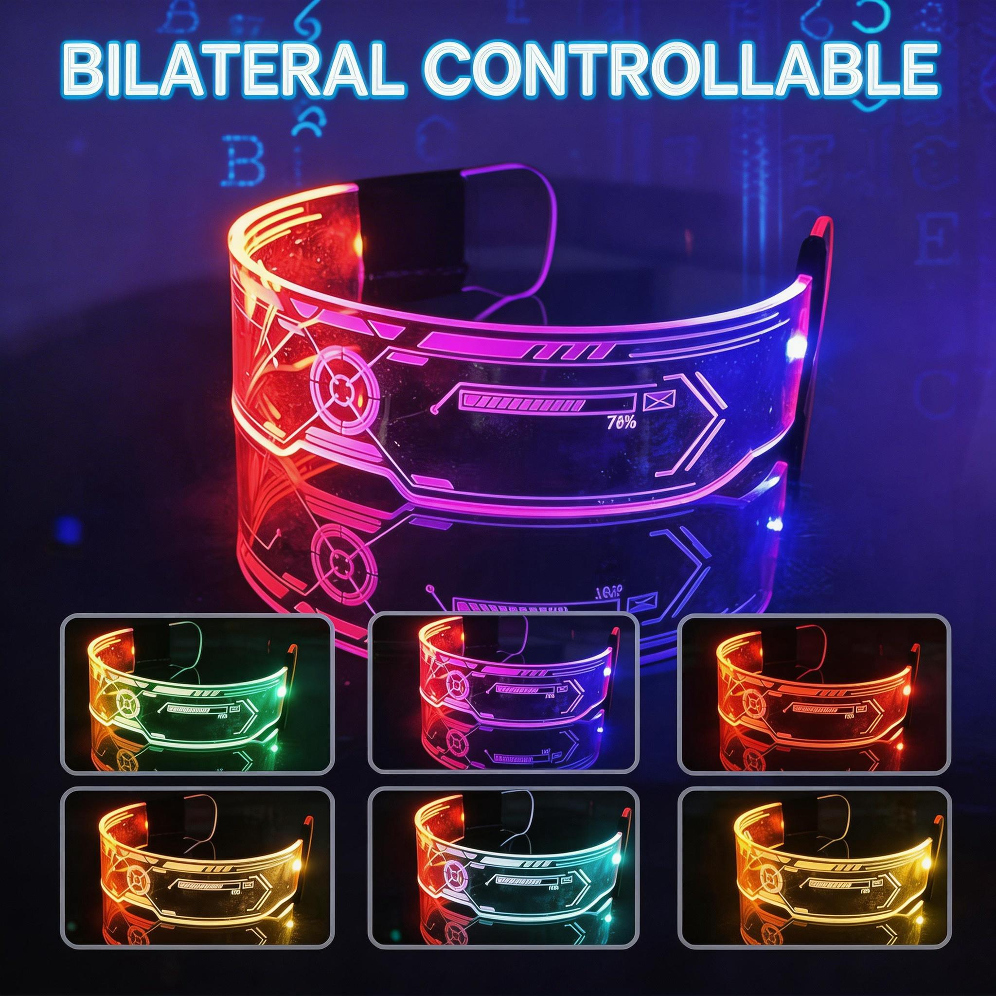 7-color double-sided controllable LED luminous glasses, cool luminous goggles, fashionable and futuristic luminous glasses suitable for electronic music, Halloween, music festivals, and sci-fi cosplay