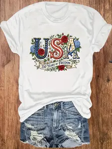 USA 250 Years of Graphic Casual Round-Neck T-shirt Soft And Comfortable Women'S Tee